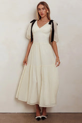 Sinta Bow Shoulder Puff Sleeve Maxi Dress Cream