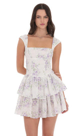 Floral Ruffle Cap Sleeve Dress in White