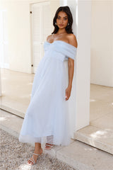 Something New Off Shoulder Tulle Midi Dress Blue